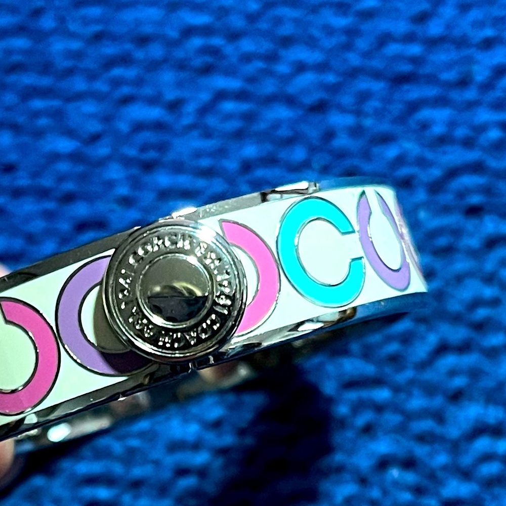 Coach Silvertone White w/Multi Color Enamel C Logo Hinged Bangle Bracelet